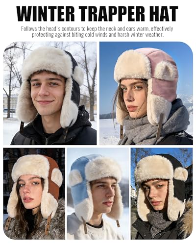 Croogo Cold Weather Eskimo Hats Trapper Hat Winter Thick Furry Ushanka Russian Hat Windproof Ski Trooper Hat with Ear Flap - color: Pl18-black