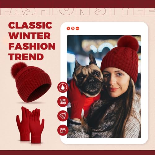Women's Knitted Beanie Hat Gloves Set Winter Pom Pom Cable Knit Hat with Warm Stretchy Gloves for Women - color: Red