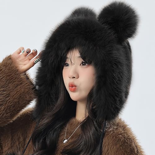 Winter Faux Fur Hat with Ears Flaps Fluffy Bear Beanie Cap Animal Lovers Gift - color: Black