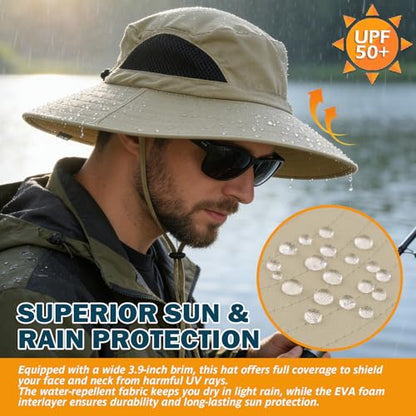 Wide Brim Sun Bucket Hat, Waterproof Boonie Hat for Men & Women - color: 01 Khaki