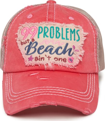 Funky Junque Distressed Baseball Cap, Vintage Embroidered Dad Hat - color: 99 Problems But a Beach Ain't One - Coral