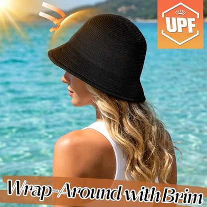 Babalet Summer Straw Beach Sun Hats for Women Packable Floppy Bucket Hat - color: Black