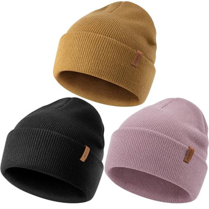 Beanie for Men Women, Winter Double Layer Warm Hat Skull Cap - color: Black+camel+purple