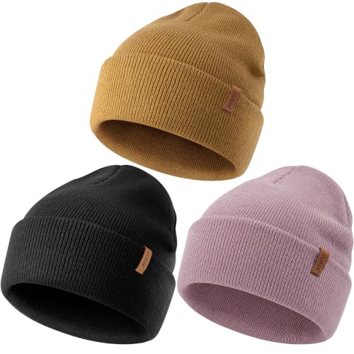 Beanie for Men Women, Winter Double Layer Warm Hat Skull Cap - color: Black+camel+purple
