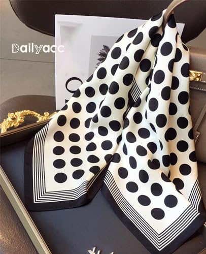 Dailyacc Hair Bandanas Scarf For Women Lightweight Fashion Neck Silk Satin Head Scarves For Sleeping Handbags Scarf - color: 21-black and White Dots/27.5*27.5in