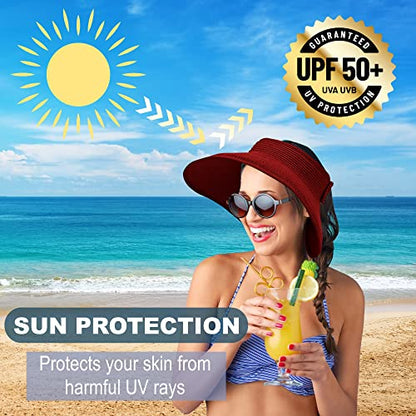 Straw Sun Visor for Women, Wide Brim UPF 50+ Protection Beach Hat, Adjustable, Roll Up Foldable Ponytail Cap with Chin Strap - color: Red