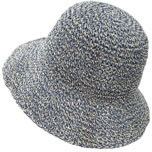 Women Straw Sun Hat Summer Beach Hats Foldable Floppy Cap Wide Brim Bucket Hat Solid Handmade Sun Protection Caps - color: Blue&beige