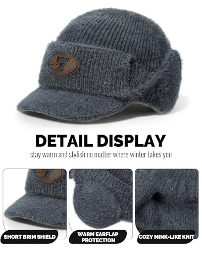CLAPE Cozy Head Beanies with Brim, Small Billed Beanie for Cold Weather Mens Winter Warm Knit Hat with Ear Flaps - color: Kh25d18-brown