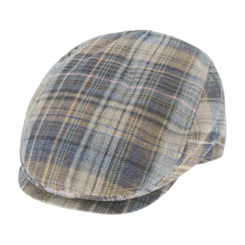 Hats in the Belfry Italia Men's Flat Cap, 100% Linen, Blue Brown Cream Plaid, Made in Italy, Newsboy Style, Casual Wear - color: Blue Plaid, size: Small