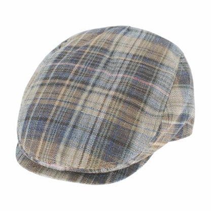 Hats in the Belfry Italia Men's Flat Cap, 100% Linen, Blue Brown Cream Plaid, Made in Italy, Newsboy Style, Casual Wear - color: Blue Plaid, size: Small