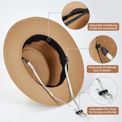 Womens Summer Straw Sun Hat Wide Brim Beach Hat with Wind Lanyard - color: Beige With Beige Band