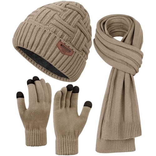 Winter Scarf for Men, 3 PCS Fleece Beanie Hat and Gloves Set - color: L-khaki Hat Scarf Gloves Set