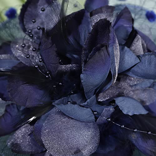 JWICOS Fascinators Hat for Women 50s Flower Hat with Veil Cocktail Wedding Tea Party Church Derby Hat - color: Navy