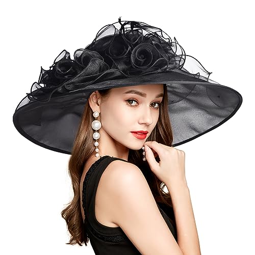 2026 Kentucky Derby Hat for Women Ladies, Organza Veil Feather Fascinator for Tea Party Church UV Protection Sun Hat - color: Classic Black