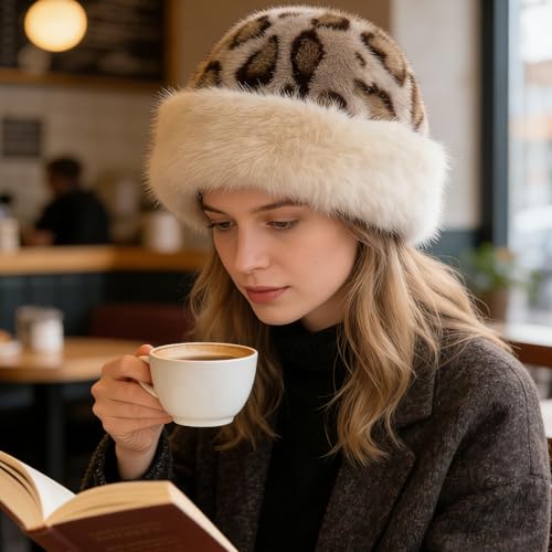 Winter Faux Fur Bucket Hat for Women, Cozy Leopard Print Cheetah Fuzzy Hat