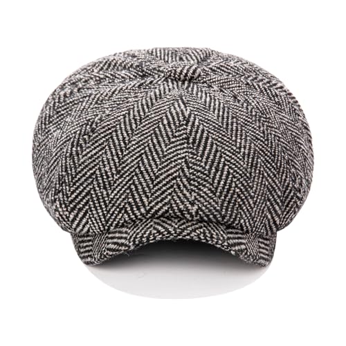 Men's Wool Newsboy Cap 8-Panel Tweed Taxi Hat Herringbone Gatsby Flat Hats - color: Dark Gray