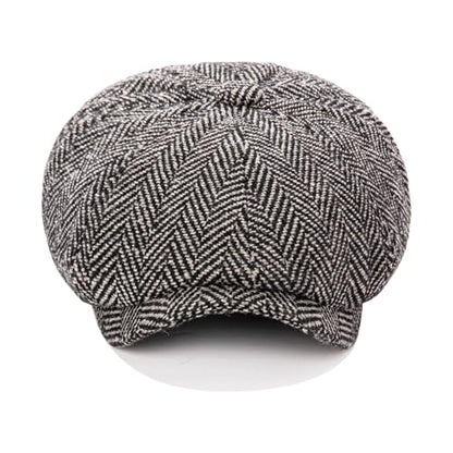 Men's Wool Newsboy Cap 8-Panel Tweed Taxi Hat Herringbone Gatsby Flat Hats - color: Dark Gray
