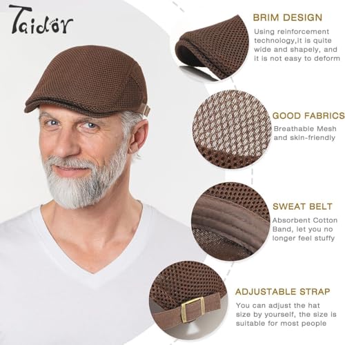 2 Pack Men's Mesh Cap Breathable Summer Newsboy Hat Adjustable Beret Ivy Cap Irish Cabbie Driving Hunting Hats - color: Black/Coffee