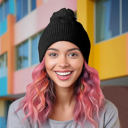 DALIX Cable Knit Pom Beanie Soft Stretch Skully Warm Fuzzy Faux Sherpa Winter Ski Beanie - color: Black