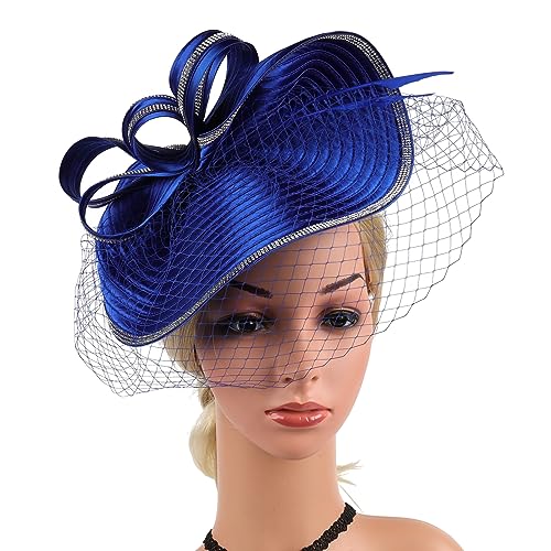 ORIDOOR Women Fascinators Derby Church Tea Party Wedding Flower Feathers Headpiece with Headband Clips - color: A Royal Blue