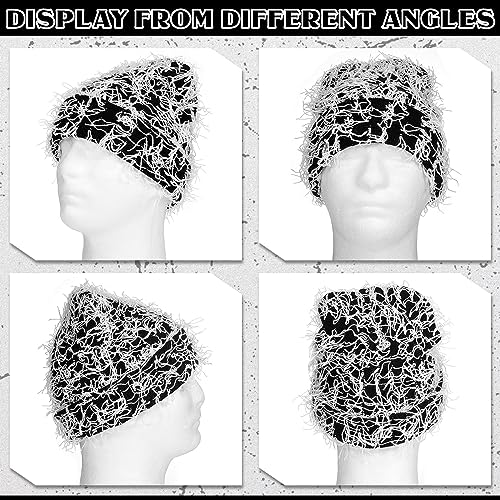 Chuarry Distressed Knitted Beanie Fuzzy Winter Hat - color: Black and White