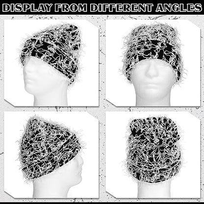 Chuarry Distressed Knitted Beanie Fuzzy Winter Hat - color: Black and White