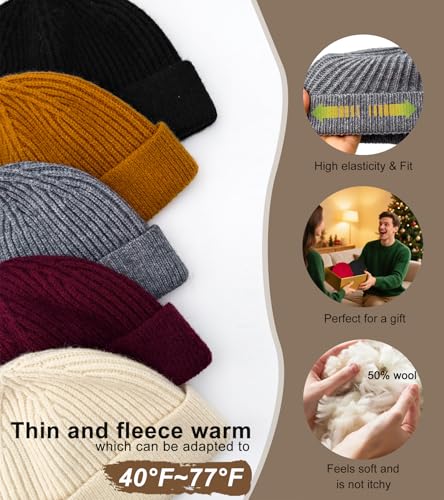 Wool Fisherman Beanie for Men Wome, Thin Knit Winter Hats Skull Cap - color: Grey