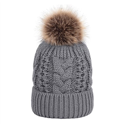 TOPTIE Slouchy Knit Beanie Hat for Women Faux Fur Pom Pom Fleece Lined - color: Gray