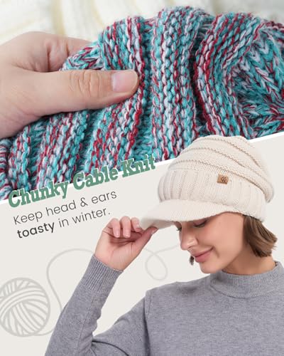 Women Men Winter Beanie Hat with Visor, Warm Fleece Lined Beanie Cap, Thick Knit Cap Slouchy Hat with Brim - color: Christmas