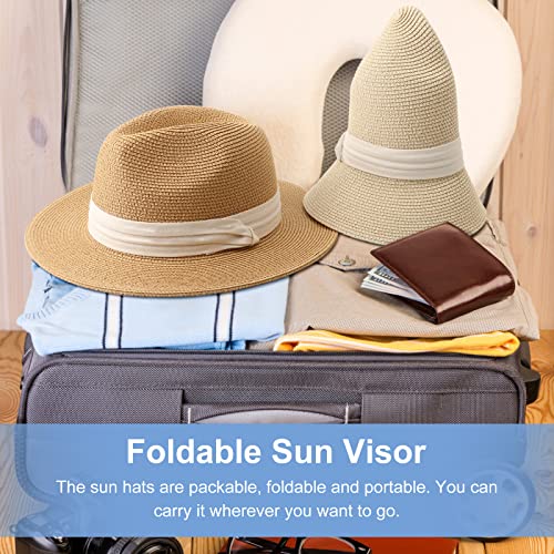 DRESHOW Women Straw Panama Hat Travel Fedora Beach Sun Hat Summer Wide Brim Straw Roll up Hats UPF 50+ - color: Fedora Hat: Beige (Beige Ribbon)