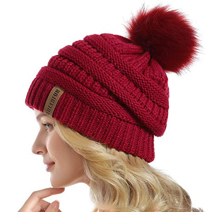 Women Knit Slouchy Beanie Chunky Baggy Hat with Faux Fur Pompom Winter Soft Warm Ski Cap - color: E2-red