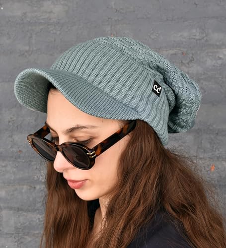 C.C Fuzzy Fleece Lined Warm Oversized Chunky Soft Stretchy Oversized Two Way Ribbed Slouchy Knit Hat with Visor Brim - color: Winter Mint