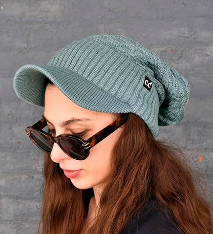 C.C Fuzzy Fleece Lined Warm Oversized Chunky Soft Stretchy Oversized Two Way Ribbed Slouchy Knit Hat with Visor Brim - color: Winter Mint