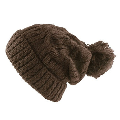 Morehats Thick Crochet Knit Pom Pom Beanie Winter Ski Hat - color: Chocolate