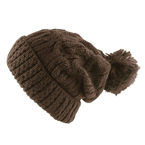 Morehats Thick Crochet Knit Pom Pom Beanie Winter Ski Hat - color: Chocolate