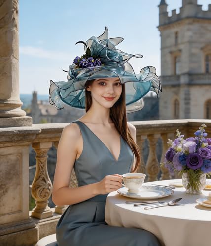 Organza Church Derby Hats for Women Wedding Tea Party Fascinator Floral Wide Brim Sun Hat - color: Style06 Blue