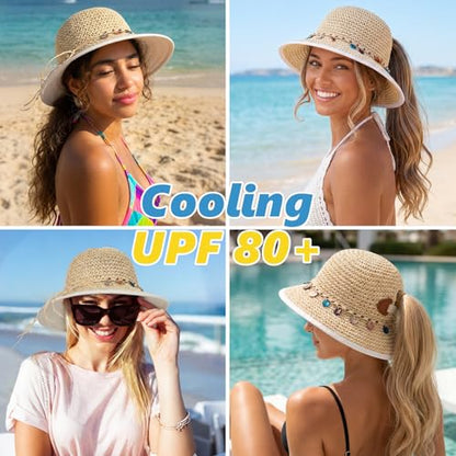 TOP-EX Summer Beach Straw Sun Hats for Women Cooling Ponytail Bucket Wide Brim Packable UV Protection Fashion Ladies M Natural