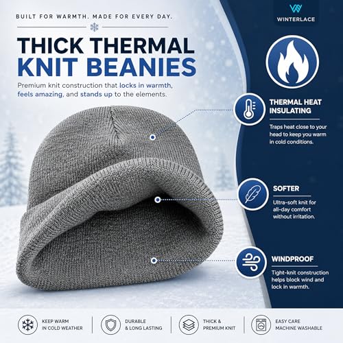 Thick Winter Beanie for Men Women Stretchy Thermal Knit Premium Cuffed Hat Skull Cap Toboggan - color: Black & Gray (2-pack)
