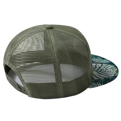 BASSDASH Flat Brim Trucker Cap Adjustable Snapback Hat Mesh Back for Men Women - color: Moss Green/Tropical Plant