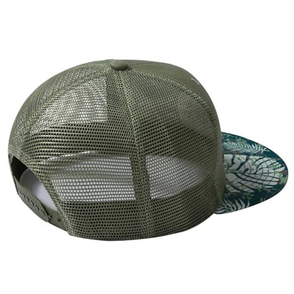 BASSDASH Flat Brim Trucker Cap Adjustable Snapback Hat Mesh Back for Men Women - color: Moss Green/Tropical Plant