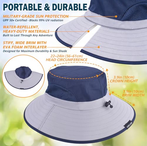 Wide Brim Sun Bucket Hat, Waterproof Boonie Hat for Men & Women - color: 02 Light Grey+navy Blue