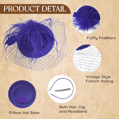 Fascinator Hat Veil Feather Fascinator Tea Party Bridal Wedding Veil Retro Hat Pillbox Hat - color: Purple