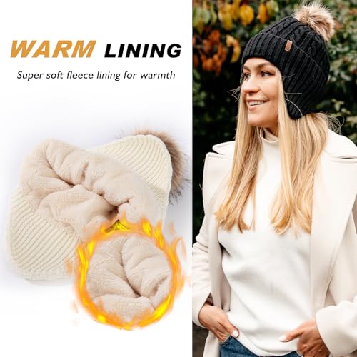 Comhats Wool Beanie with Ear Flaps and Removable Pompom, Winter Warm Hat - color: 95566a_grey