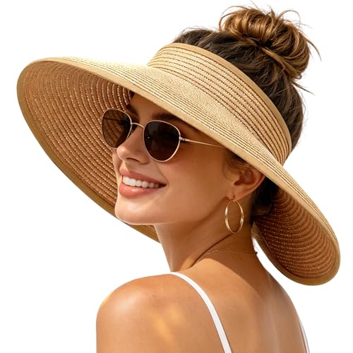 Sun Hats Visor for Women, UV UPF Straw Beach Hat Foldable Wide Brim Ponytail Summer Hats Packable Travel - color: No Bowknot Khaki-basic