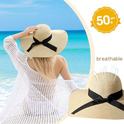 Beach Hat for Women, Wide Brim Sun Straw, UPF 50+ Foldable Floppy Sun Hat - color: B-beige