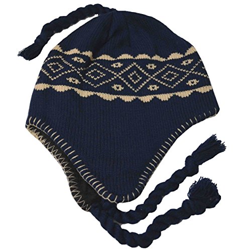 Nayt Men's Peruvian Helmet Style Earflap Strings Beanie Knit Hat - color: Navy Blue Khaki