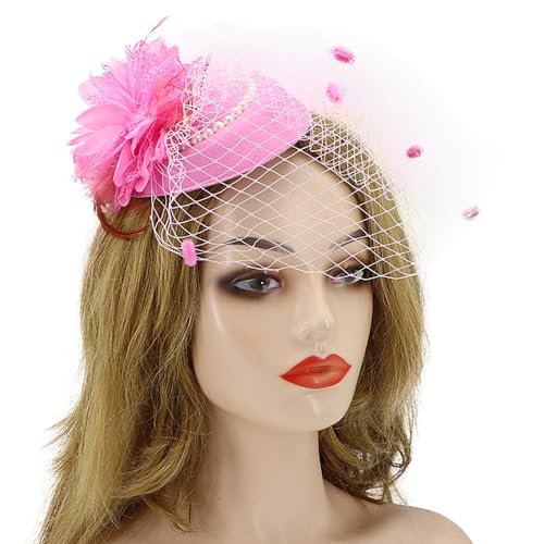 Fascinator Pillbox Hat for Women, Feather Flower Pearls Hair Headwear Veil - color: Pink