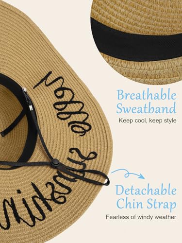 Sun Beach Straw Hats for Women, Summer Wide Brim Hat - color: Dark Khaki(hello Sunshine), size: Large