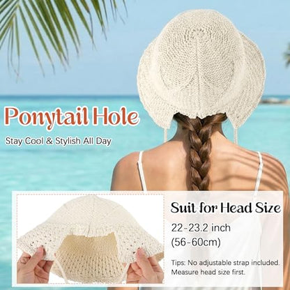 Ababalaya Women’s Lightweight Cotton Crochet Bucket Hat - color: Beige