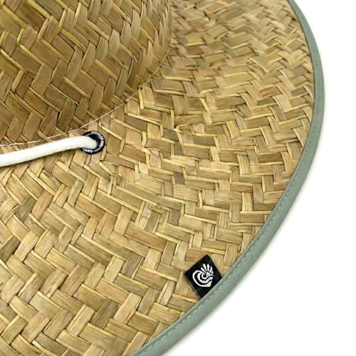 Women's Wide Brim Straw Sun Hat for Beach, Lifeguard Style, Hand-Woven Rush & Mat, Adjustable Chin Drawstring - color: The Sage